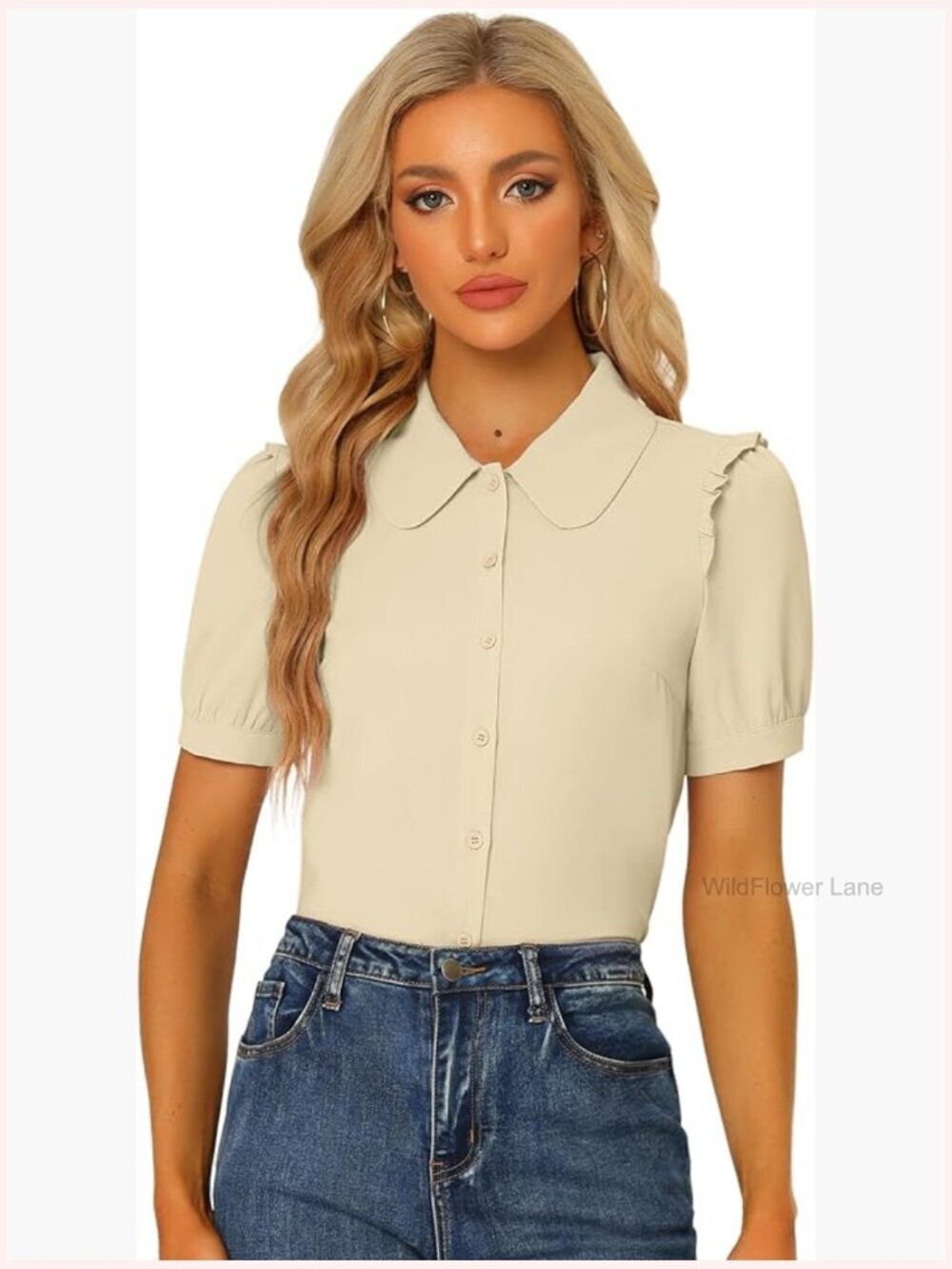 Peter Pan Collar Puff Sleeve Button Down Blouse Work Top